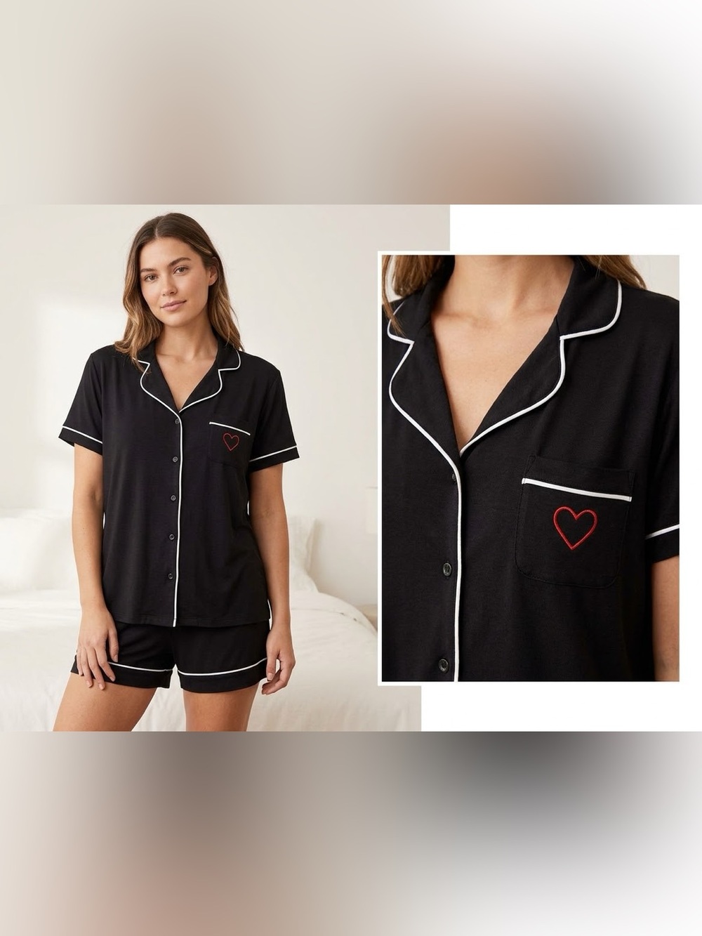 Badgley Mischka Women's Size XL - Black Short PJ Set with Red Heart NEW